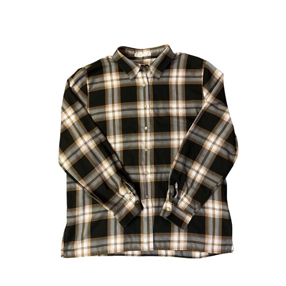 Foxcroft Blouse Women’s 16 Black Brown Cream Plaid Wrinkle Free Used Career - Picture 3 of 11